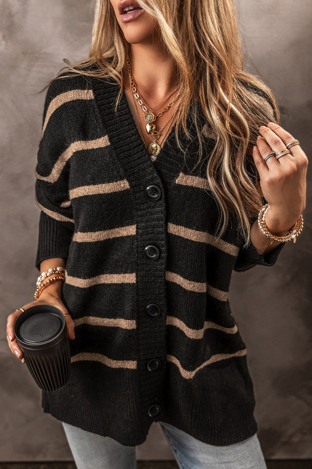 Striped Button Up Dropped Shoulder Cardigan