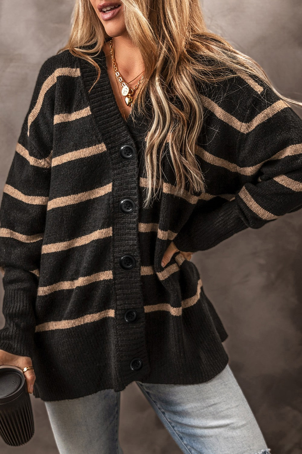 Striped Button Up Dropped Shoulder Cardigan