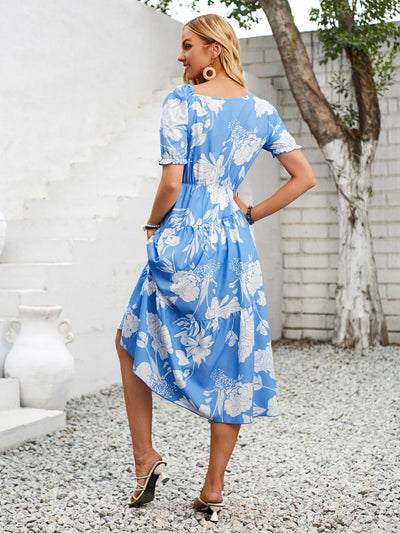 Printed Asymmetric Neck Short Sleeve Midi Dress