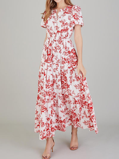 Tiered Floral Notched Short Sleeve Dress