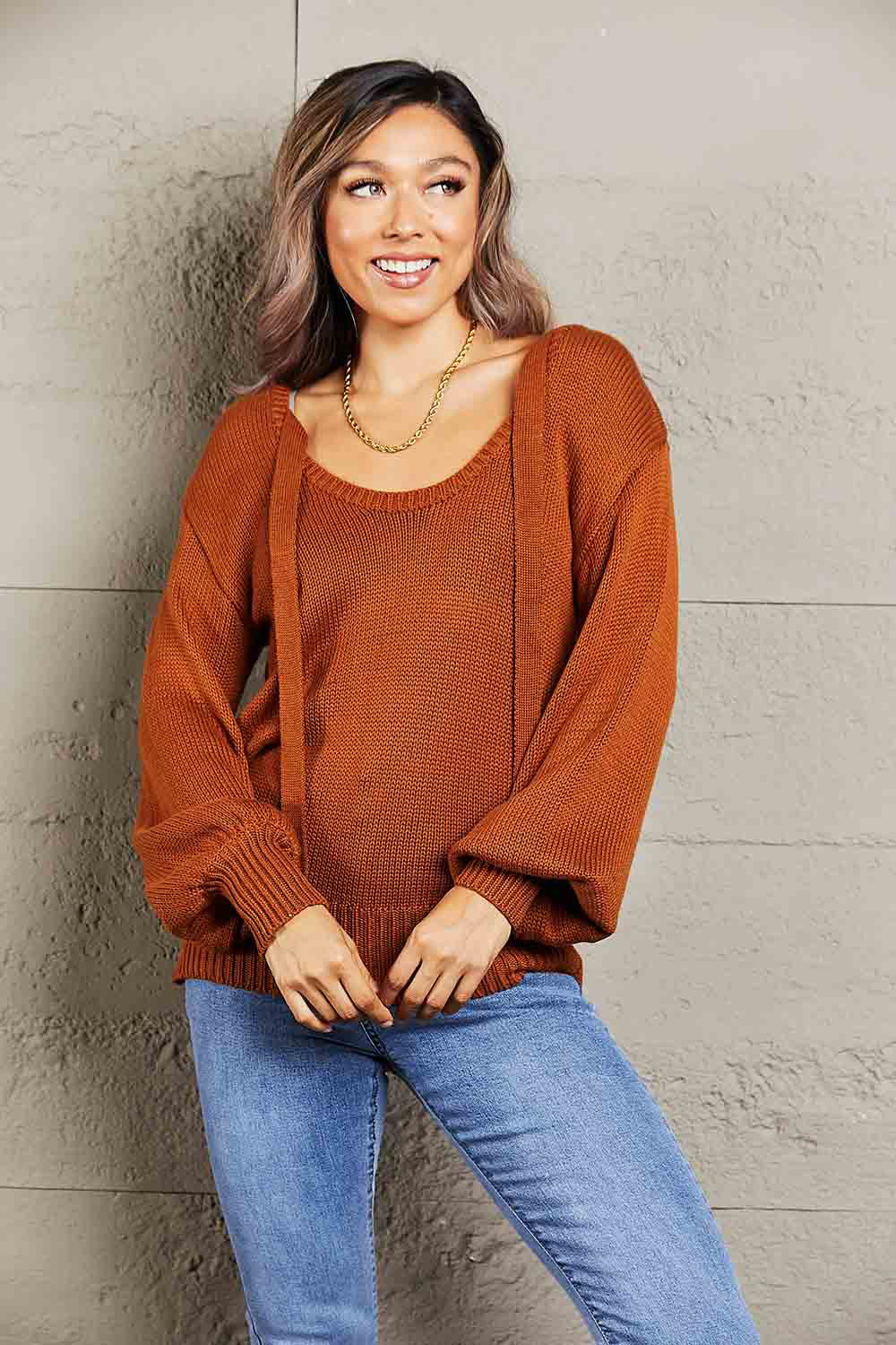 Tied Balloon Sleeve Round Neck Sweater