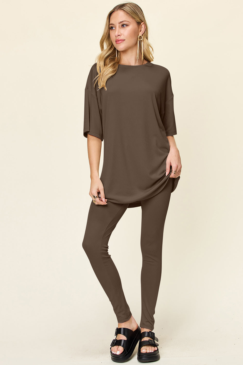 Double Take Full Size Round Neck Dropped Shoulder T-Shirt and Leggings Set