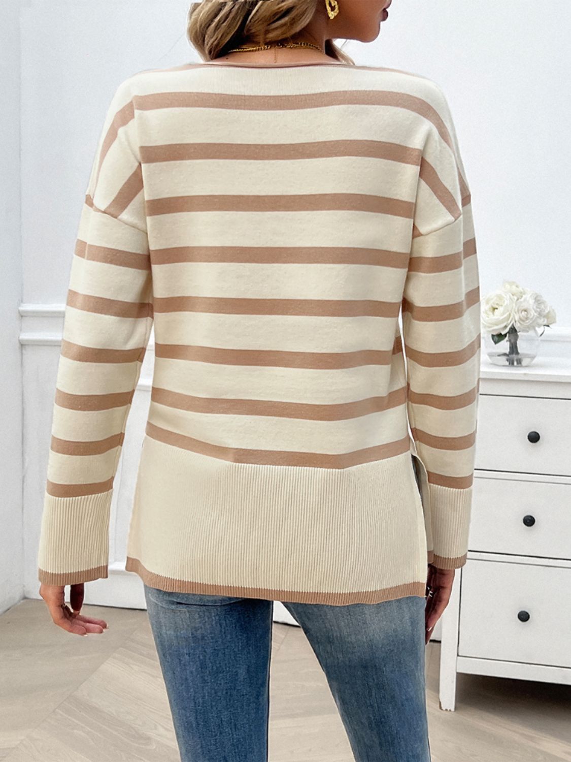 Striped V-Neck Long Sleeve Knit Top