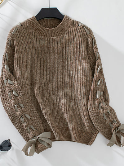 Lace Up Round Neck Long Sleeve Sweater