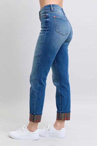 Judy Blue Full Size Plaid Print Cuff Straight Leg Jeans with Pockets