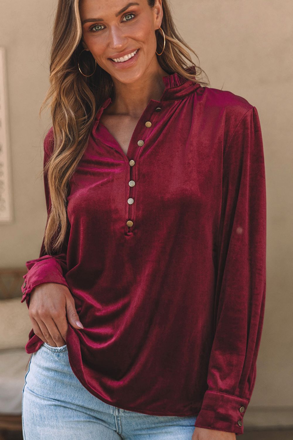 Frill Half Button Mock Neck Long Sleeve Blouse