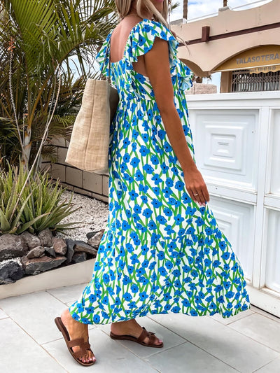 Ruffled Printed Cap Sleeve Midi Dress