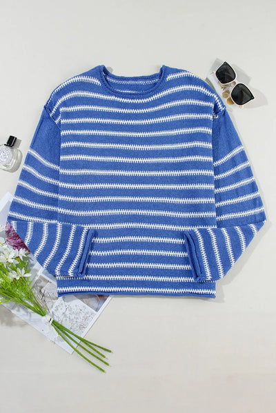 Striped Round Neck Dropped Shoulder Sweater