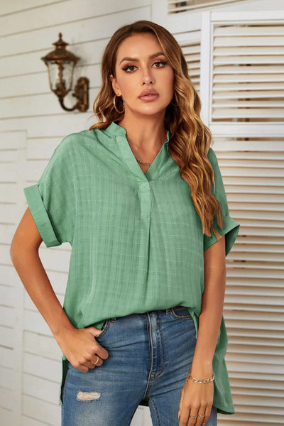 Notched Neck Slit Cuffed Blouse