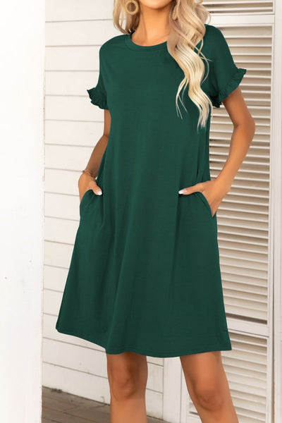 Flounce Sleeve Round Neck Dress with Pockets