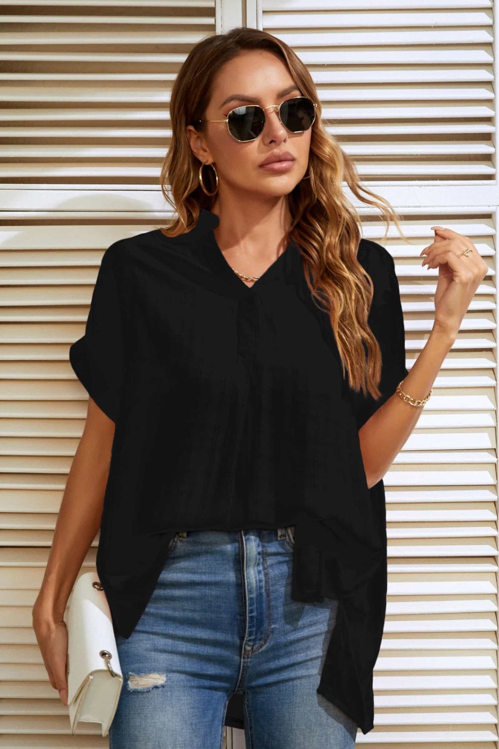 Notched Neck Slit Cuffed Blouse