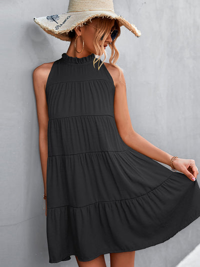 Tie Back Mock Neck Tiered Dress