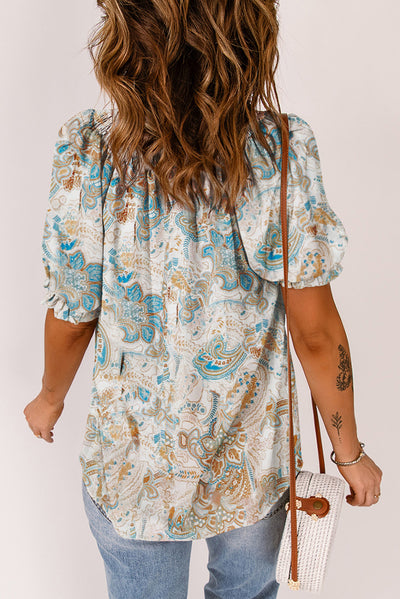 Printed Tie Neck Flounce Sleeve Top