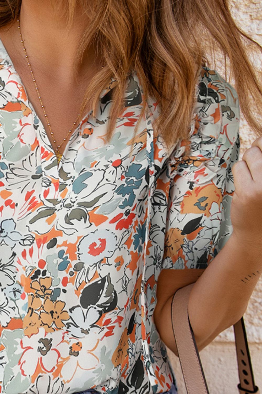 Floral Tie Neck Shoulder Detail Blouse